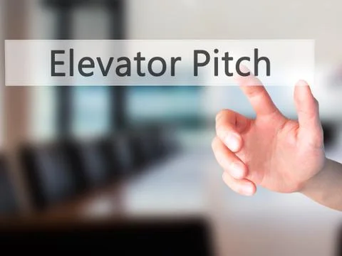 Elevator Pitch - Hand pressing a button on blurred background concept on visu Stock Photos