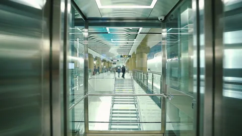 Elevator rail transit subway station green travel hall platform engineering Stock Footage 233577267