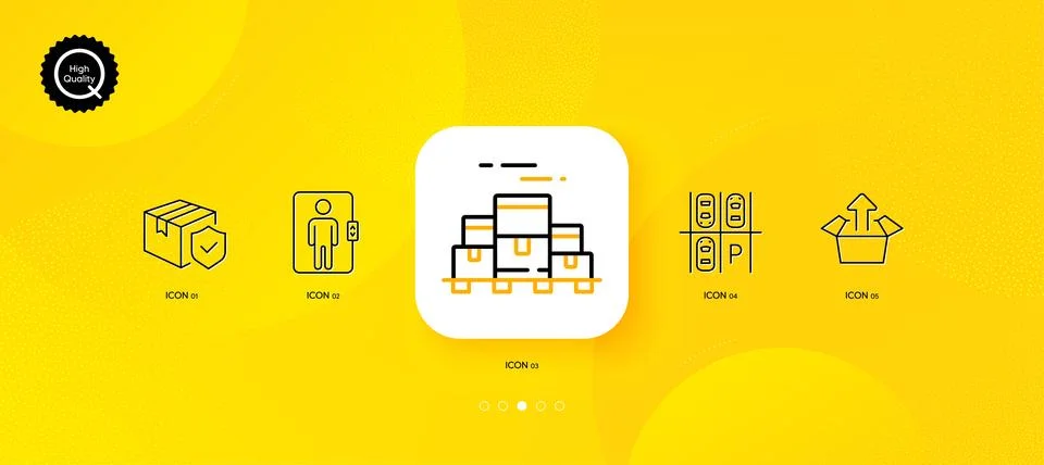 Elevator, Send box and Boxes pallet minimal line icons. For web application Illustrazione stock