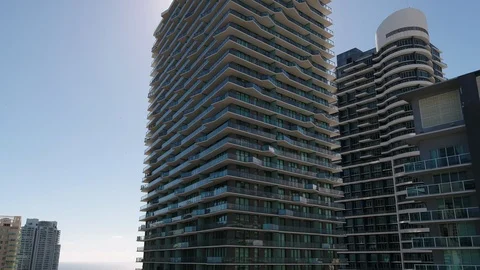 Elevator Shot SLS Brickell Bottom to top with sunflare by Drone 4k Stock Footage 127331492