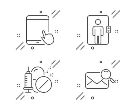 Elevator, Tablet pc and Medical drugs icons set. Search mail sign. Vector Stock Illustration
