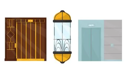 Elevator as Vertical Cable Transportation Machine Vector Set Illustrazione stock