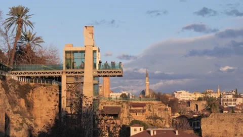 Elevator with Viewiing platform old town at Golden Hour,Antalya,Turkey Stock Footage 171679688