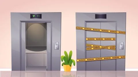 Elevator warning concept. Open and closed lift in hotel, motel or business イラスト素材