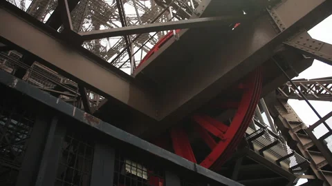 Elevator Wheels in the Eiffel Tower, Paris, France. 4K Resolution. Stock Footage 258684546