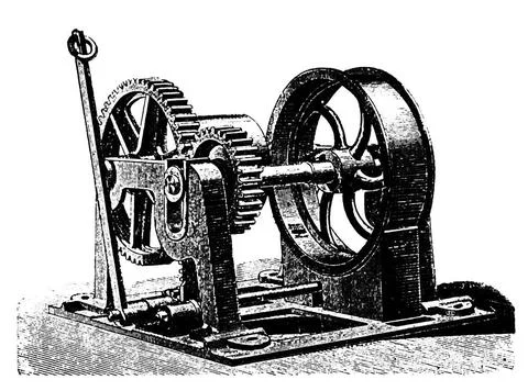 Elevator winch for mining operations. Illustration of the 19th century. Ge... Stock Photos