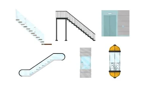 Elevators and Stairs in Different Styles Vector Illustrated Set Stock Illustration