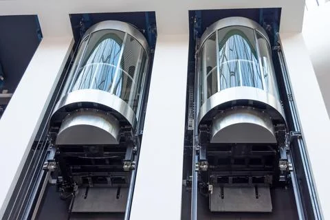 Elevators with counterbalanced concrete blocks, construction of an elevator m 스톡 사진