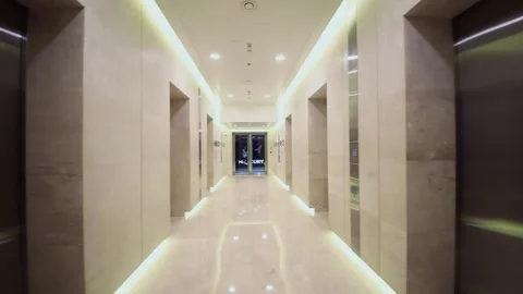 Elevators in hall near Mercury Space in Mercury tower Stock Footage 276370762
