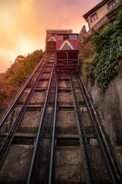 Elevators from Valparaiso in sunset Stock Photos