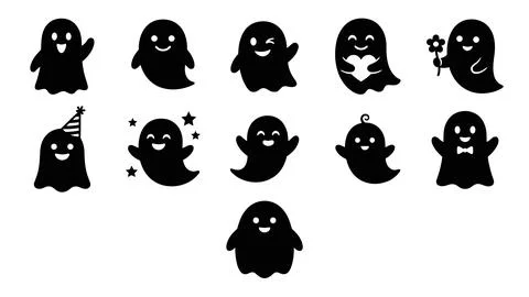 Eleven cute black ghost silhouettes with friendly expressions and playful a.. Stock Illustration
