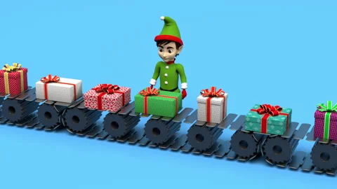 Elf and gift boxes conveyor – 3d render looped. Stock Footage 320892635
