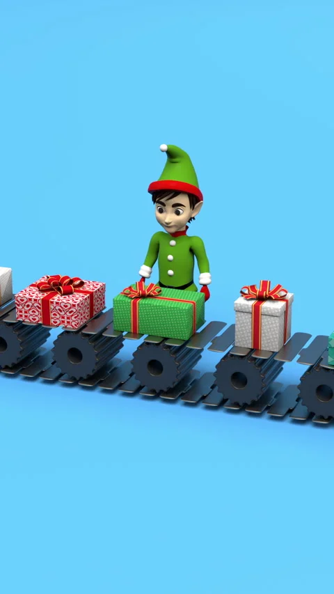 Elf and gift boxes conveyor – 3d render looped. Stock Footage 320892650