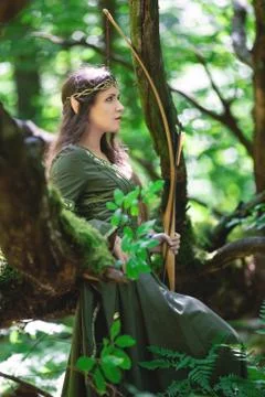 Elf archer with a bow in the forest Stock Photos