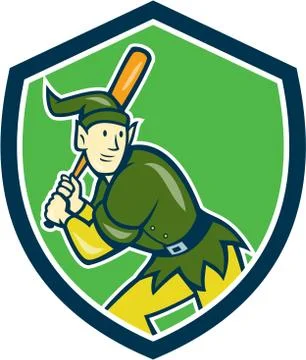 Elf baseball player batting shield cartoon Stock Illustration
