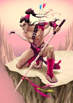 Elf character is fighting on the rock Stock Illustration