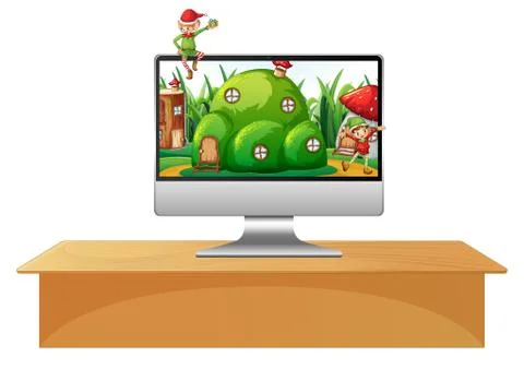 Elf on computer desktop 스톡 일러스트