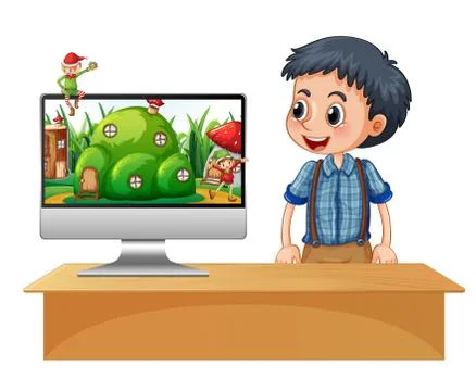 Elf on computer screen desktop Stock Illustration