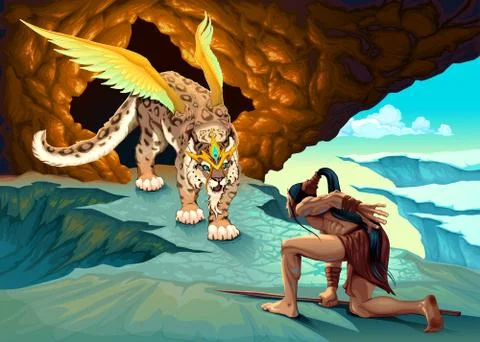 Elf is dealing with a winged lynx Stock Illustration