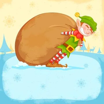 Elf dragging sack full of Christmas gifts Stock Illustration