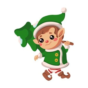 Elf with fir tree form forest flat color vector character Stock Illustration
