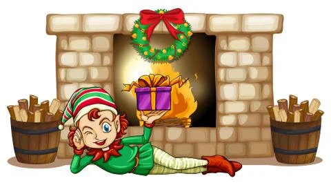 An elf in front of the fireplace Illustrazione stock
