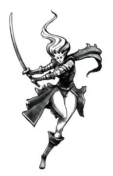 Elf girl runs to the attack with a sword in her hands. 2D illustration Stock Illustration