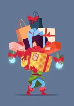 Elf Holding Gift Boxes Stack Over Gray Background Christmas Holiday Presents Illustrazione stock