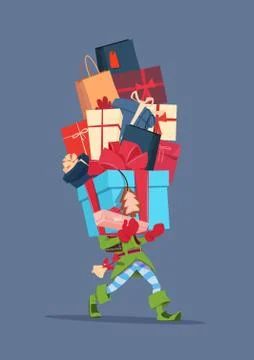 Elf Holding Gift Boxes Stack Over Gray Background Christmas Holiday Presents Stock Illustration