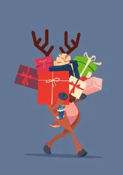 Elf Holding Gift Boxes Stack Over Gray Background Christmas Holiday Presents Stock Illustration