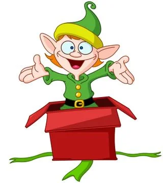 Elf jumps from gift box Stock Illustration
