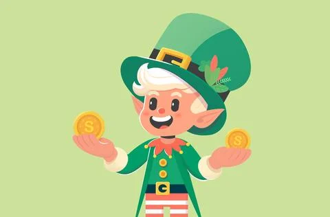 Elf Saint Patrick stands in a green suit and shakes gold coins in his hands 스톡 일러스트