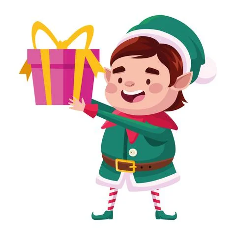 Elf santa helper with gift present comic character Stock Illustration