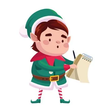 Elf santa helper writing in notebook comic character Stock Illustration
