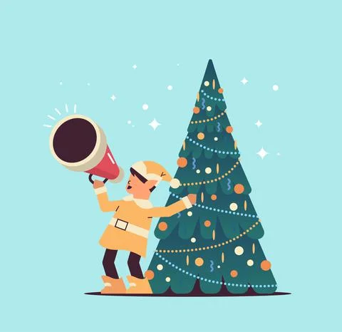 Elf shouting in megaphone santa helper making announcement new year and Stock Illustration