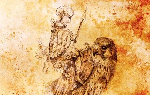 Elf Warrior on hawk. pencil drawing on old paper. Color effect. Stock Illustration