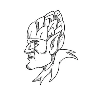 Elf Wearing Hops on Head Drawing Black and White Stock Illustration