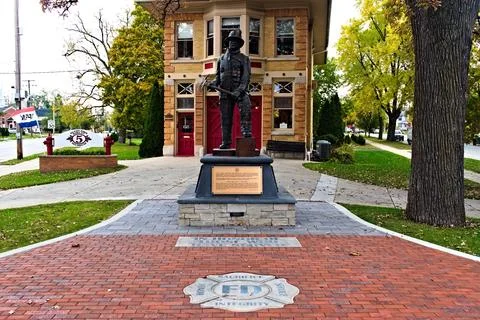 Elgin Fire Barn Statue and Emblem Stock Photos