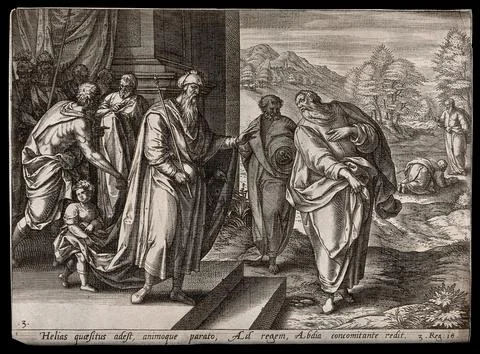 Elijah is led to his confrontation with King Ahab. Engraving, c. seventeent.. Stock Illustration