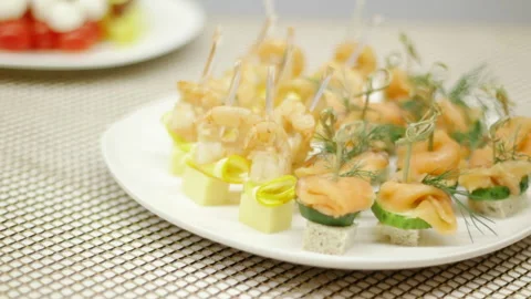 Elite catering, buffet reception of rare fish with capers and herbs. Media Stock Footage 140614956