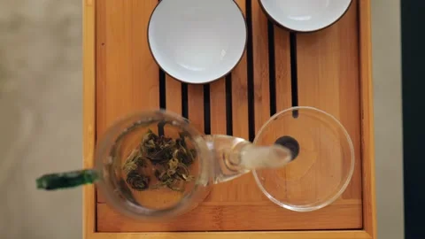 Elite Chinese white tea is brewed in glassware. view from above. Stock Footage 220341855