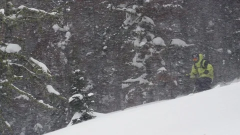 Elite skier cutting through fresh powder on a woodsy slope during a snow storm Stock Footage 113233057