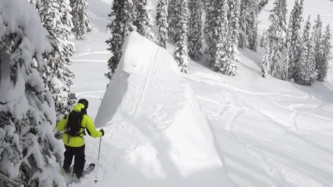 Elite skier performing a backflip off of a trailside jump on a woodsy slope Stock Footage 113234798