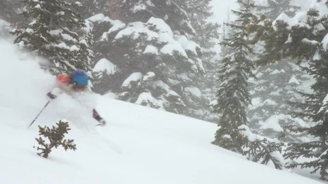 Elite skier rolling down the snowy mountain slope during a snowfall Stock Footage 116746276
