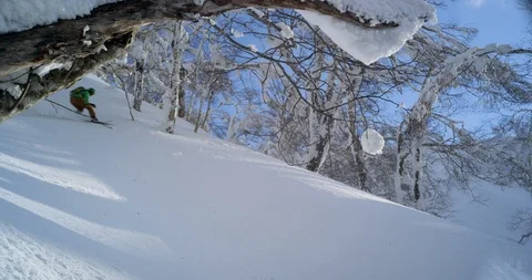 Elite snowboarder racing down alpine woodsy mountain Stock Footage 111992340
