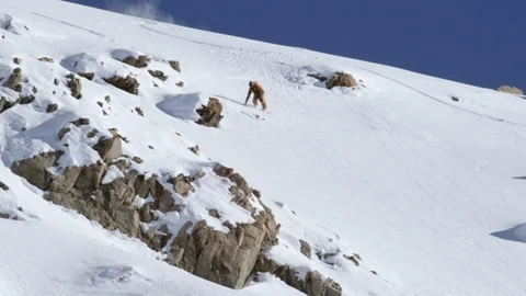 Elite snowboarder shredding back and forth down snowy mountain Stock Footage 116749697