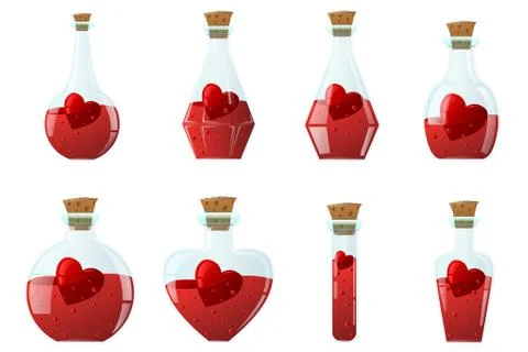 Elixir of love. Set of small glass bottles of different shapes, inside with a Stock Illustration