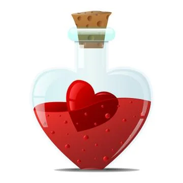 Elixir of love. A small glass bottle with smooth edges, with a red heart inside. Stock Illustration