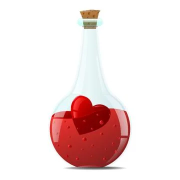 Elixir of love. A small glass bottle with sharp edges, with a red heart inside. Stock Illustration