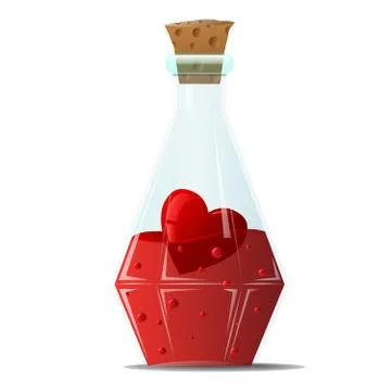 Elixir of love. A small glass bottle with sharp edges, with a red heart inside. Stock Illustration